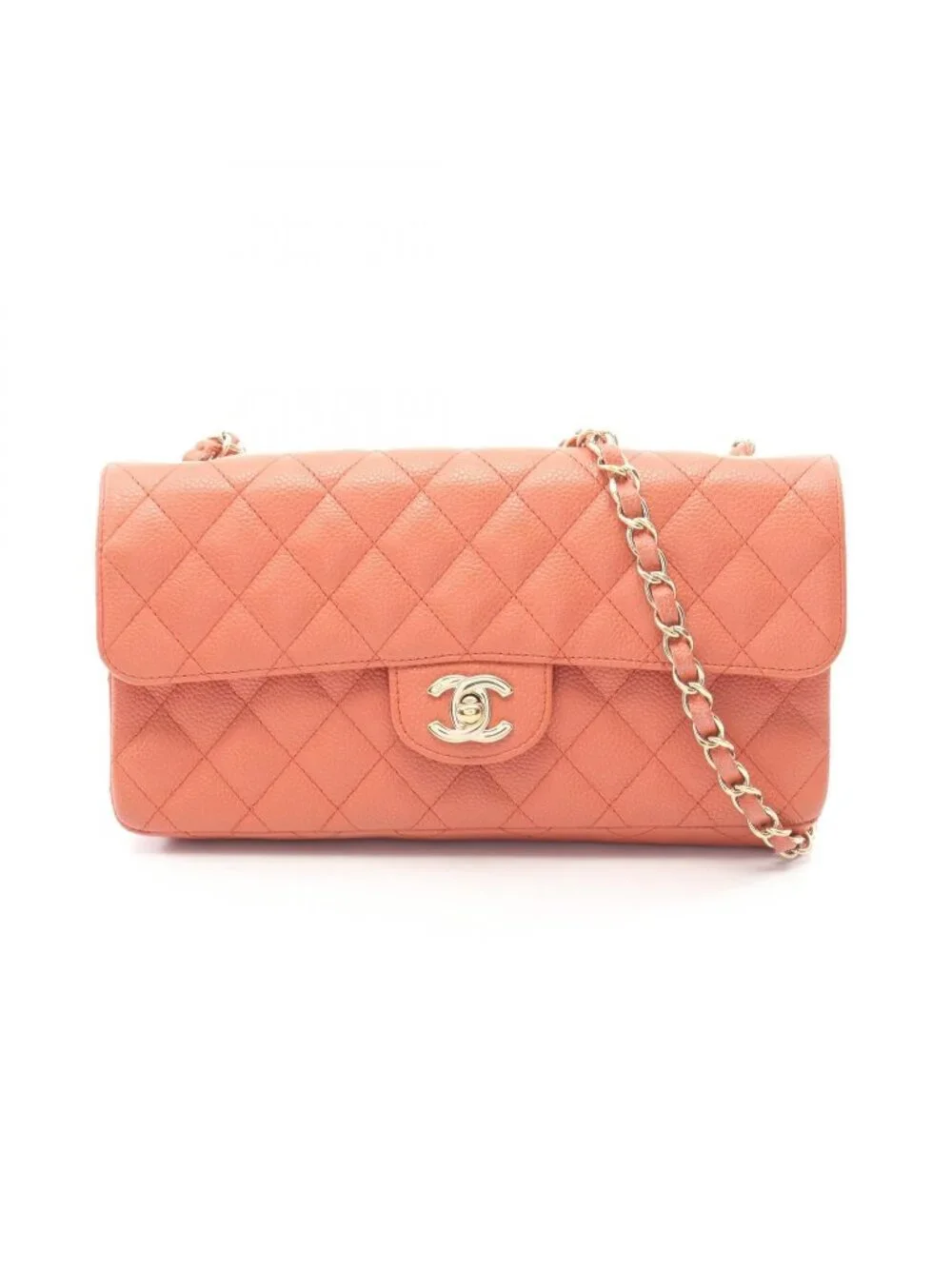 Chanel Shoulder Bag Quilted East Waist Orange Brown Caviar Leather Chain